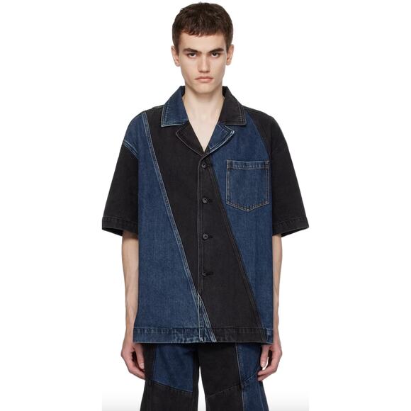 NEW Feng Chen Wang Men's Black Blue Stripe Denim Button Down Shirt Size XL - Picture 11 of 12